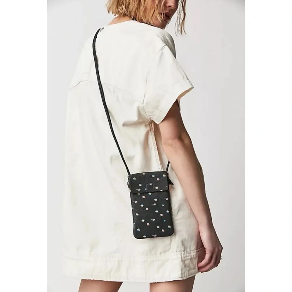 Free People Let’s Dance Phone Crossbody Bag Gray Leather Floral